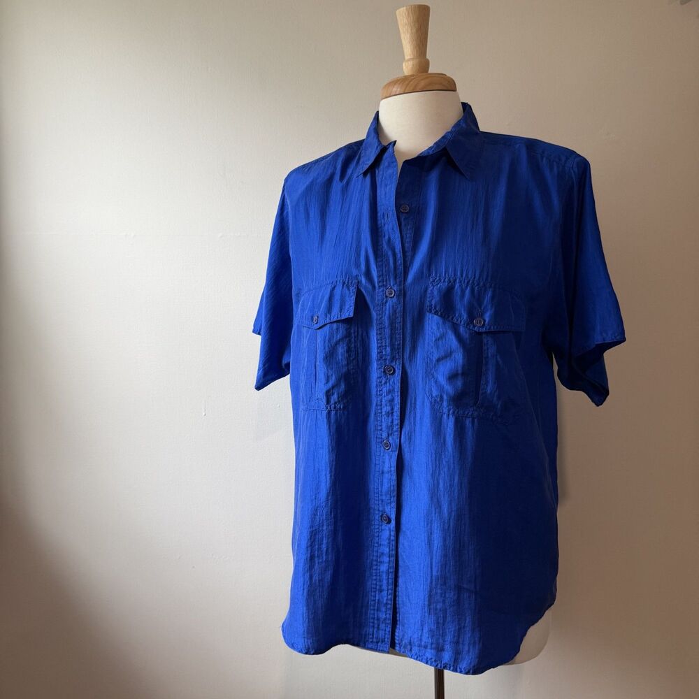 Vintage 90s Silk Button Up Blouse Blue Boxy Shirt Menswear Style Shoulder Pads